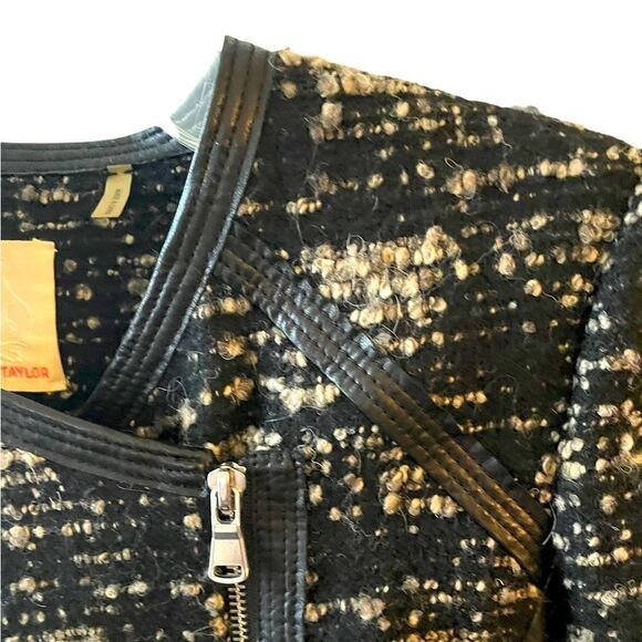 REBECCA TAYLOR PEBBLED TWEED BLACK N GREY JACKET WITH FAUX LEATHER ACCENTS, SZ4 - Picture 7 of 14